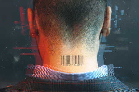 Back of man's neck with barcode. Photo in futuristic stylization with glitchesの写真素材