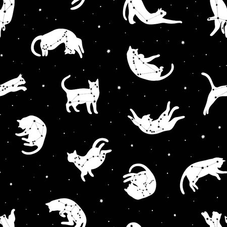 Seamless cosmic pattern with zodiac constellations and cats on black backgroundの写真素材