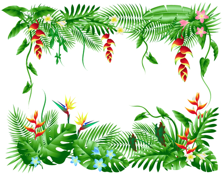 Vector tropical garland of leaves of palm trees and flowers for banner posters stickers as a decoration element.のイラスト素材