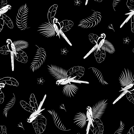 Parrot and palm leaves black background pattern isolated white contour. vector. EPS 10のイラスト素材