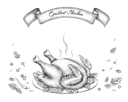 Grilled chicken on a platter with spices and herbs vector illustrationのイラスト素材