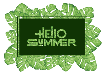 Hello summer. Tropical Palm tree leaves. Typography design poster template. Vector illustrationのイラスト素材