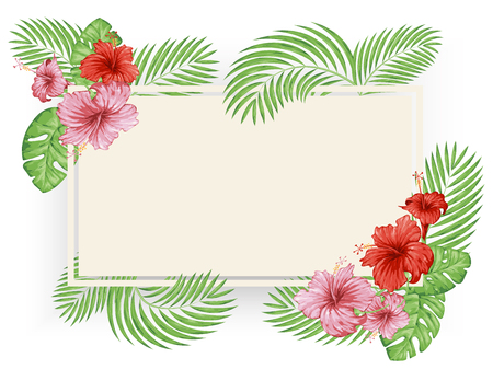 Tropical flowers and leaves. Colorful poster template, cards, invitations. Vector illustration.のイラスト素材