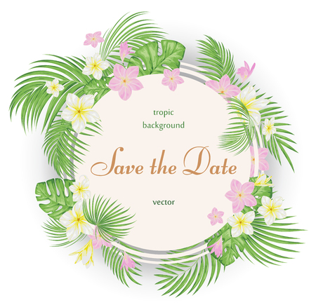Tropical background with exotic flowers and palm leaves.のイラスト素材