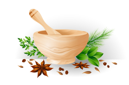 Mortar and pestle, herbs and spices. Color illustration as a design element for the menus of restaurants cafes as an element to decorate posters banners flyers. Vector illustrationのイラスト素材