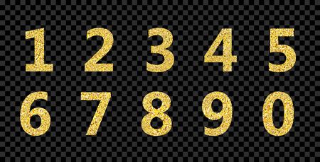 Golden glitter alphabet numbers  1,2,3,4,5,6,7,8,9,0 on transparent background. Design element of wedding invitations, posters, greeting cards, banners, leaflets, birthday design.  Isolated.  Vectorのイラスト素材