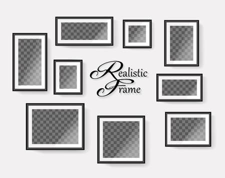 Set of realistic black blank picture frames with transparent place for photo. Vector illustrationのイラスト素材