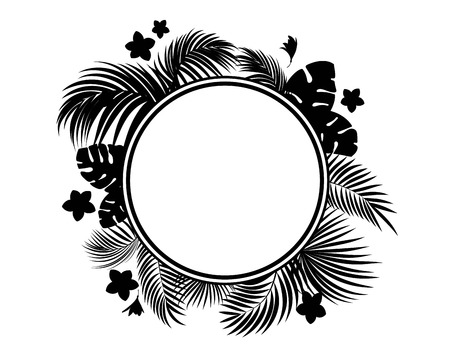 Tropical leaves and flowers black silhouette. Circle frame. Isolation. Vectorのイラスト素材