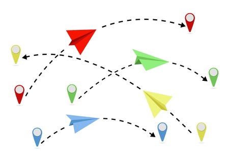 Paper plane. Set  colored paper airplanes in  route.  Travel, flight, route symbol. Vector illustrationのイラスト素材