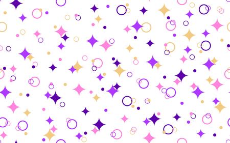 Geometric Abstract Seamless Pattern. Stars, sparks and circles of blue, pink and yellow on a white background. Template festive background, wrapping, wrappers, textiles. Vectorのイラスト素材