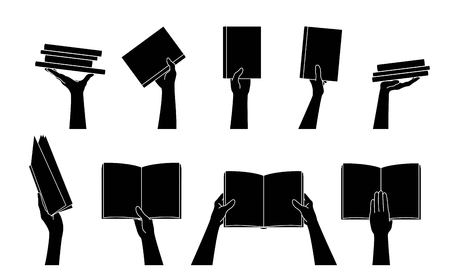 Hand collection. Hand holding book.  Different hand gestures. Black silhouette. Isolation. Vectorのイラスト素材