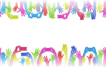 Hands up hold phones. Horizontal banner. Decoration background  from rainbow raised hands. Conceptual illustration for festivals, concerts, social and tolerance public communities, volunteering.  Isolation. Vector illustrationのイラスト素材