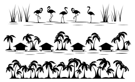 Tropics. Palm tree, bungalow and flamingo.  Horizontal tropical borders. Black silhouette. Isolation. Vectorのイラスト素材