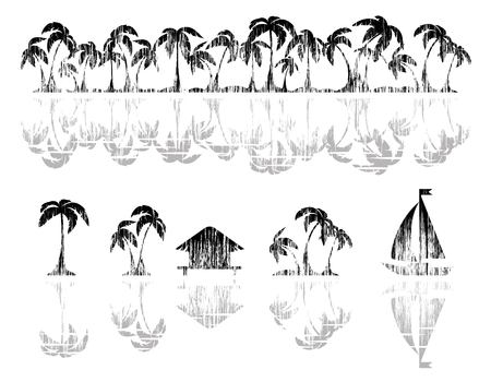 Palm tree, bungalow on the beach and a yacht. Tropical horizontal borders and design elements with texture. Black silhouette. Isolation. Vectorのイラスト素材