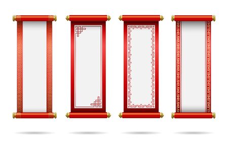 Chinese traditional scrolls festive.  Set of different scrolls with space for text. Template design Chinese new year, calendar, invitation, booklet, traditional festive decoration. Isolation. Vectorのイラスト素材