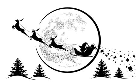 Santa Claus in sleigh and reindeer sled on background of full moon. Santa Claus flying  and gives gifts.  Merry Christmas and happy New year. Black silhouette . Isolation. Vector illustrationのイラスト素材