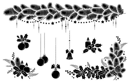 Christmas winter holiday decoration. Set elements. Christmas wreath, garland, candles and bell. Design  festive poster, greeting cards, invitations. Isolated black silhouette. Vector illustrationのイラスト素材
