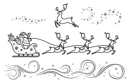 Santa Claus on sleigh with reindeer. Christmas decoration set.  Merry Christmas and New year. Design element  poster, banner, invitation, postcards. Black isolated outline. Vector illustrationのイラスト素材