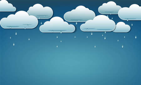 Clouds and rain. Blue sky and rain clouds and falling rain. Autumn or spring background template. Concept for weather forecast, seasonal holidays. Vector illustrationのイラスト素材