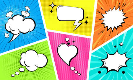 Comic empty speech bubbles set on colorful background. Sound effects in pop art style. Retro style...