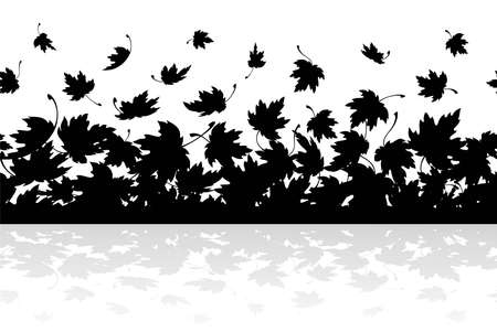 Maple leaves. Autumn background template with flying and falling leaves. Autumn leaf border. Black silhouette with mirror reflection. Seamless pattern. Isolated. Vector illustrationのイラスト素材