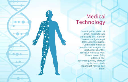 Medical technology. Abstract background with digital drawing of man. Vector illustration with DNA molecules and other technical texture elements. Biotechnology concept, innovative medicine, laboratoryのイラスト素材