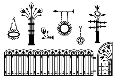 Iron fence with gates, signboards, pointers and lanterns. Metal entrance, street lights, signs in vintage style. Beautiful and sophisticated forged design elements. Black silhouette. Isolated. Vectorのイラスト素材