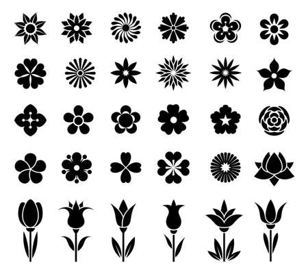 Flowers icon set. Collection of beautiful signs of flowers. Black silhouette on white background. Design element for summer, spring backgrounds and holiday decorations. Isolated. Vector illustrationのイラスト素材