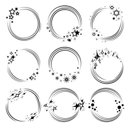 Round frames with stars and glitter. Set of sparkling frames with stardust, flickering star particles and shining sparks. Template for an exquisite holiday design. Isolated black silhouette. Vectorのイラスト素材
