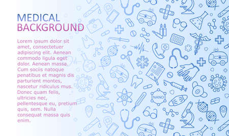 Abstract medical background with icons and symbols. Template design with the concept of healthcare, medical technology, innovative medicine, modern scientific research. Vector illustrationのイラスト素材