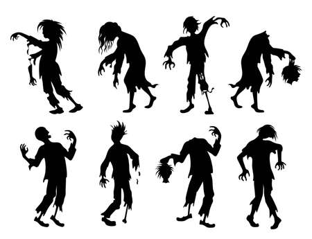 Zombie. Set of silhouettes. The walking dead, scary people raised from the dead. Full length zombies in various scary poses and headless. Isolated. Vector illustrationのイラスト素材