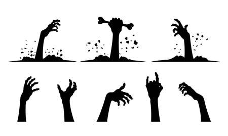 Zombie hands silhouette. Terrible hands from the grave. Set of different hand gestures, the man's hand is holding bone. Design elements for the holiday of Halloween. Vector illustrationのイラスト素材
