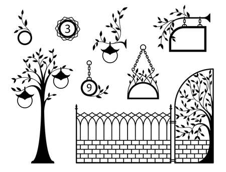 Iron fence with gates, signboards, pointers and lanterns. Metal entrance, street lights and signs in vintage style. Sophisticated, beautiful forged design elements. Isolated black silhouette. Vectorのイラスト素材