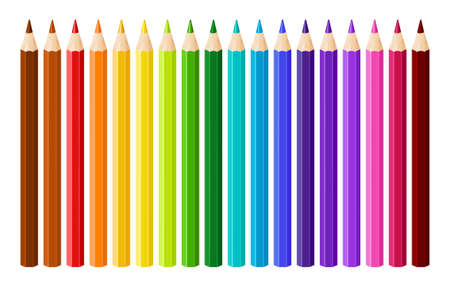 Colored pencils isolated on white background. Crayons set, back to school. Collection of 18 colorful realistic pencils. vector illustrationのイラスト素材