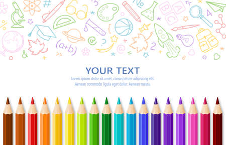 back to school. School banner with colored pencils and study and education icons. Background template with space for your text. vector illustrationのイラスト素材