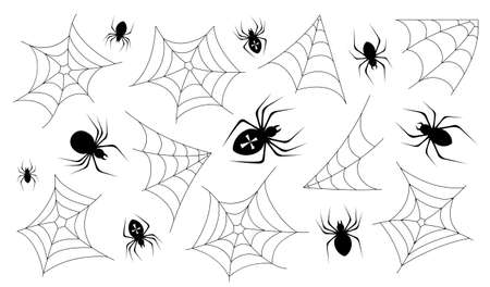 Cobwebs and spiders for Halloween. Scary collection for party, holiday and decoration. Background template with horrible spiders and creepy cobwebs. Isolated black silhouette. vector illustrationのイラスト素材