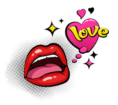 Comic speech bubble. Female lips in pop art style with emotional love text and hearts. Cartoon illustration with Halftone Dot background. comic book template. isolated. vector illustrationのイラスト素材