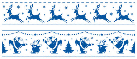 running reindeer. Santa Claus and snowman on skates. Christmas divider. Horizontal border with Merry Christmas and New Year icons. isolated silhouette. Festive design element. Seamless pattern. vectorのイラスト素材