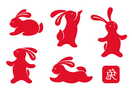 Happy chinese new year 2023 year of the Rabbit zodiac sign. Lunar New Year holiday. mid-autumn festival. Set of cute rabbits cut out of red paper, traditional asian art. vector illustrationのイラスト素材