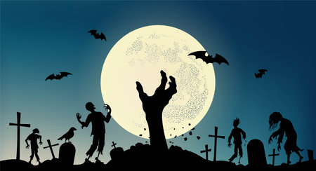 Zombie hand out of ground on the background of the full moon. Scary zombies walk among the graves in the cemetery. Halloween Party Conceptのイラスト素材