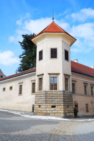Small chateau watchtower in historical city of Telcの写真素材