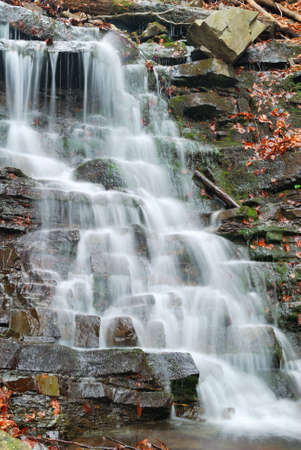 Water flowing over rocks in waterfall cascade in a forest
