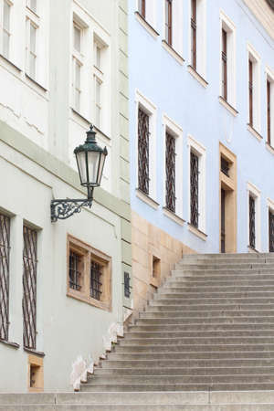 City street lamp and stone stairwayの写真素材