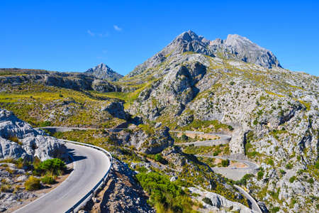 Winding narrow mountain road to Sa Calobra on the island of Majorca in Spainの写真素材