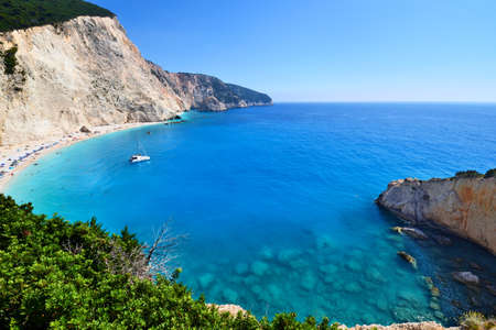 Panoramic view of Porto Katsiki beach on Lefkada in Greeceの写真素材