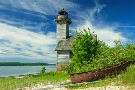 Old lighthouse on the Grand Island in Superior Lake, Michigan, USAの写真素材