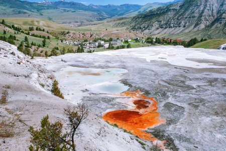 View of the Mammoth Hot Springs Village from New Blue Spring of Main Terrace, Mammoth Hot Springsの写真素材