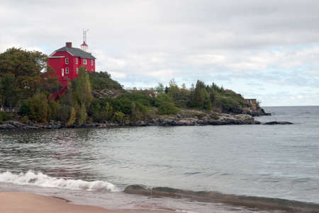 View of the Marquette Harbor Lighthouse from the shore, Lake Superior, Michigan, USAの写真素材