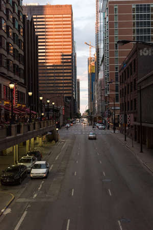 Chicago, IL, USA - June 18, 2017. Buildings lighted by sunset on Grant Aveのeditorial素材