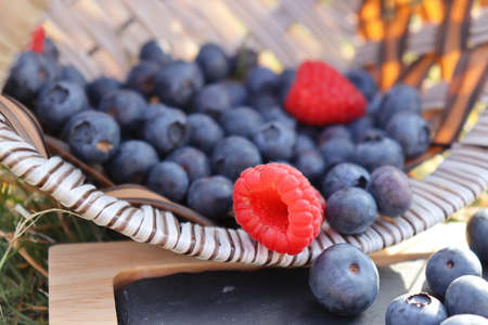 Scattered blueberries from a basket garnished with a raspberries.の写真素材